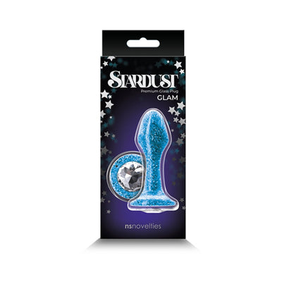 Blue Stardust Glam premium glass plug with Swarovski crystal base in black starry packaging by nsnovelties.