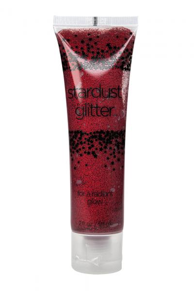 Tube of Stardust Glitter Red with black star accents, 2 oz size for radiant shimmer and glow.