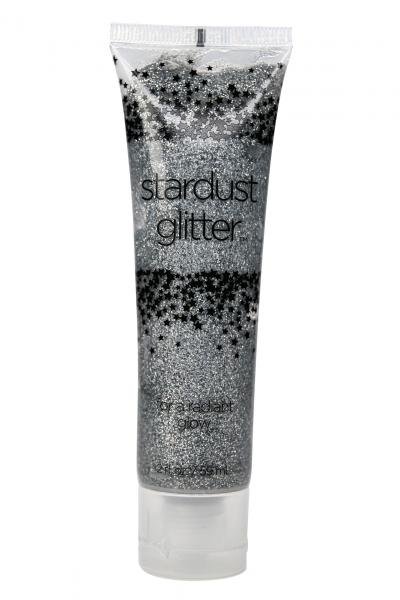 Tube of Stardust Glitter Silver with star-shaped and fine glitter flakes in a clear squeeze bottle.