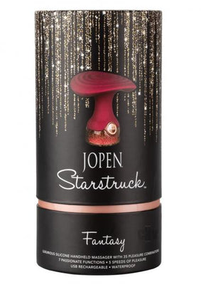 Jopen Starstruck Fantasy handheld massager in glittery black and rose gold packaging with product image and branding.