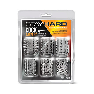 Clear blister pack containing six textured stretchy cock sleeves with various tickler designs for enhanced sensation.