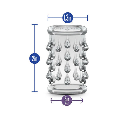 Clear textured cock sleeve with raised tickler nubs, measuring 2 inches long and 1.3 inches wide, fits up to 5 inches in length.