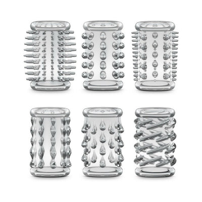 Set of six clear textured cock sleeves with varied raised patterns for enhanced stimulation and comfort.