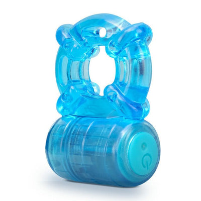 Blue translucent rechargeable vibrating cock ring with textured design and power button.
