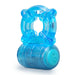 Blue translucent rechargeable vibrating cock ring with textured design and power button.