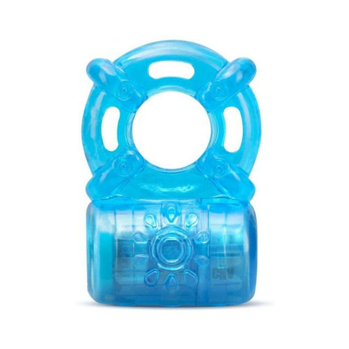 Blue rechargeable vibrating cock ring with textured design and five function settings for enhanced pleasure.