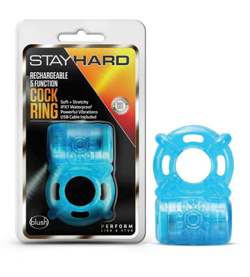 Blue rechargeable Stay Hard 5-function vibrating cock ring with soft, stretchy texture shown in packaging and outside.