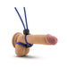Blue adjustable vibrating cock ring displayed on a realistic silicone model.