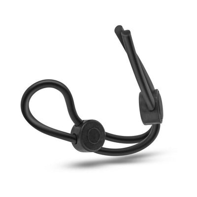 Black vibrating cock ring with dual loops and a central control button, designed for enhanced intimacy and pleasure.