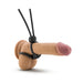 Black adjustable vibrating cock ring displayed on a realistic skin-tone model for size reference.