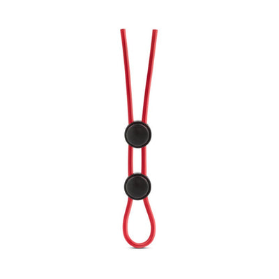 Red adjustable vibrating cock ring with two black control buttons on a white background.