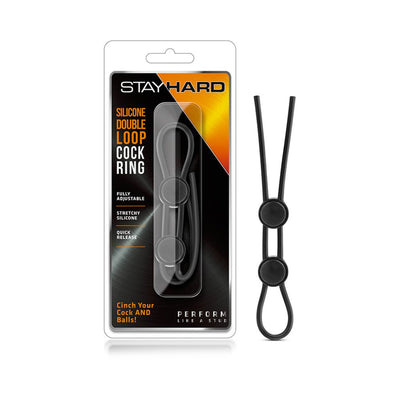 Black silicone double loop adjustable cock ring with quick release shown in packaging and outside view.
