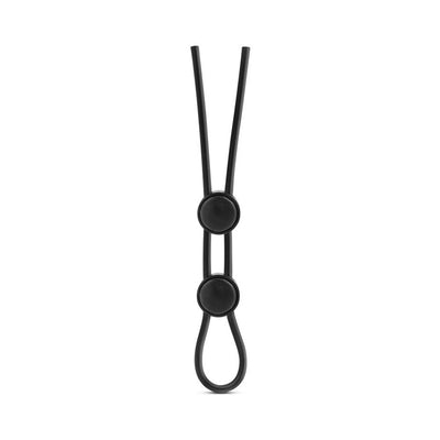 Black adjustable vibrating cock ring with two round control buttons, designed for enhanced intimacy and comfort.
