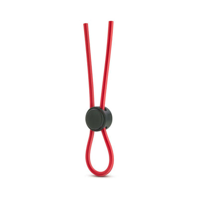 Adjustable red silicone loop cock ring with black lasso-style locking slide for a customizable fit.
