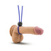 Adjustable blue silicone loop cock ring with black locking slide displayed on a realistic penis model.