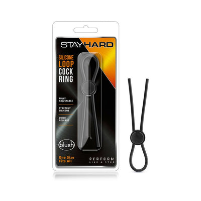 Stay Hard adjustable black silicone loop cock ring with quick release, shown in packaging and separately.