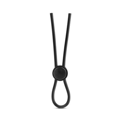 Black adjustable silicone loop cock ring with a lasso-style locking slide for a customizable fit.