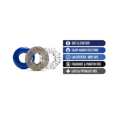 Set of three soft and stretchy cock rings in blue, gray, and clear with key product benefits listed.