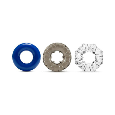 Set of three stretchy cock rings in blue, smoky gray, and clear with varied textures for enhanced comfort and performance.