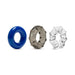 Set of three stretchy cock rings in blue, smoky gray with nodules, and clear textured design on white background.