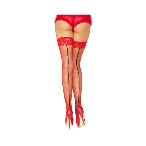 Stay Up Lace Top Back Seam Fishnet Thigh Highs Red Black O/S | SexToy.com
