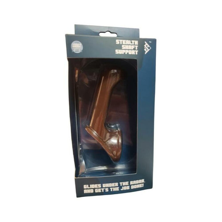 Stealth Shaft Support Size A in chocolate color packaged in a black box with clear window display.