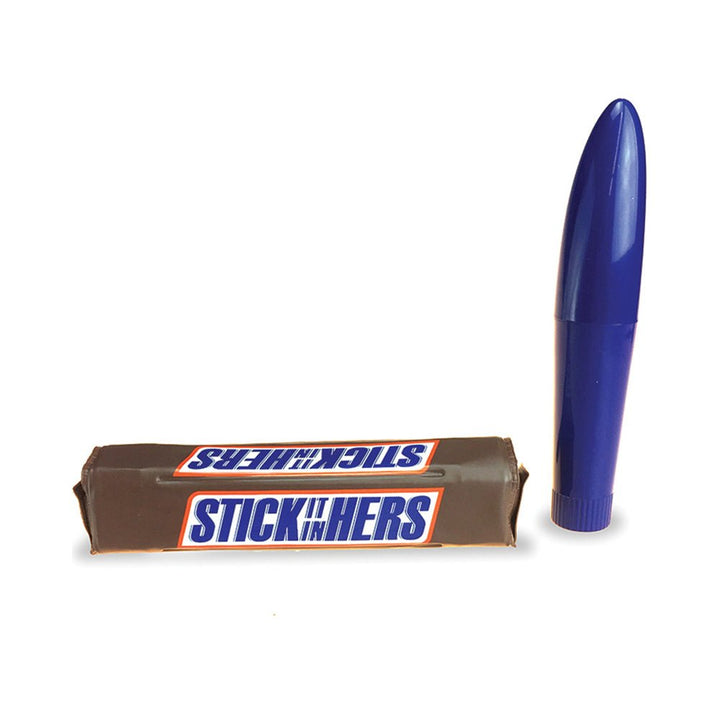 Blue Stick It In Hers massager vibrator next to its novelty candy bar style packaging on white background.