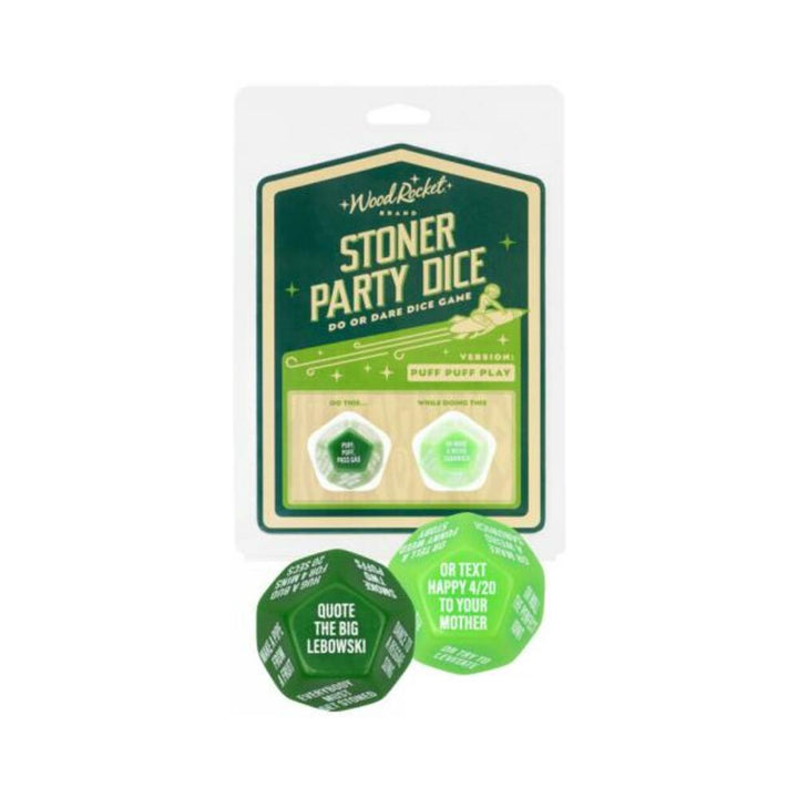 Stoner Party Dice game set with two large green 12-sided dice and packaging for adult do or dare fun.