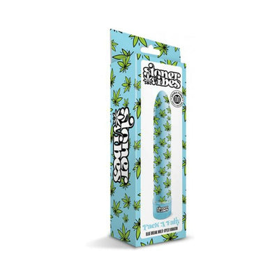 Blue vibrator with green leaf pattern in matching decorative box labeled Stoner Vibes Pack A Fatty.