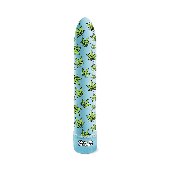 Blue vibrator with green cannabis leaf pattern and twist base control labeled Stoner Vibes.