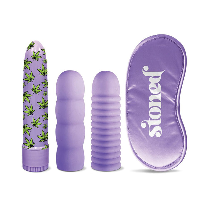 Stoner Vibes Bonga Bunga kit with purple vibrator, two textured sleeves, and matching satin-feel blindfold on white background.