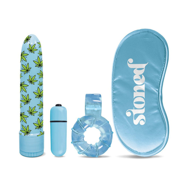 Blue Stoner Vibes Stash Kit with leaf-patterned vibrator, bullet vibrator, stretchy ring, and satin blindfold.
