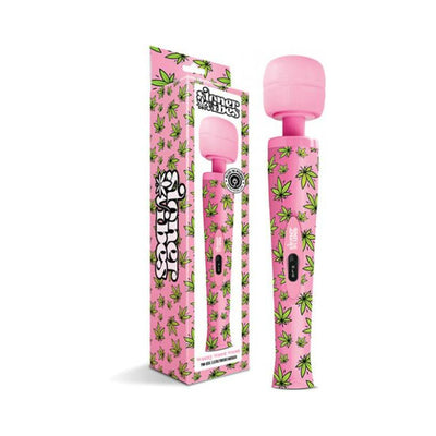 Pink wand massager with green weed leaf pattern and matching packaging, featuring dual-speed control button.
