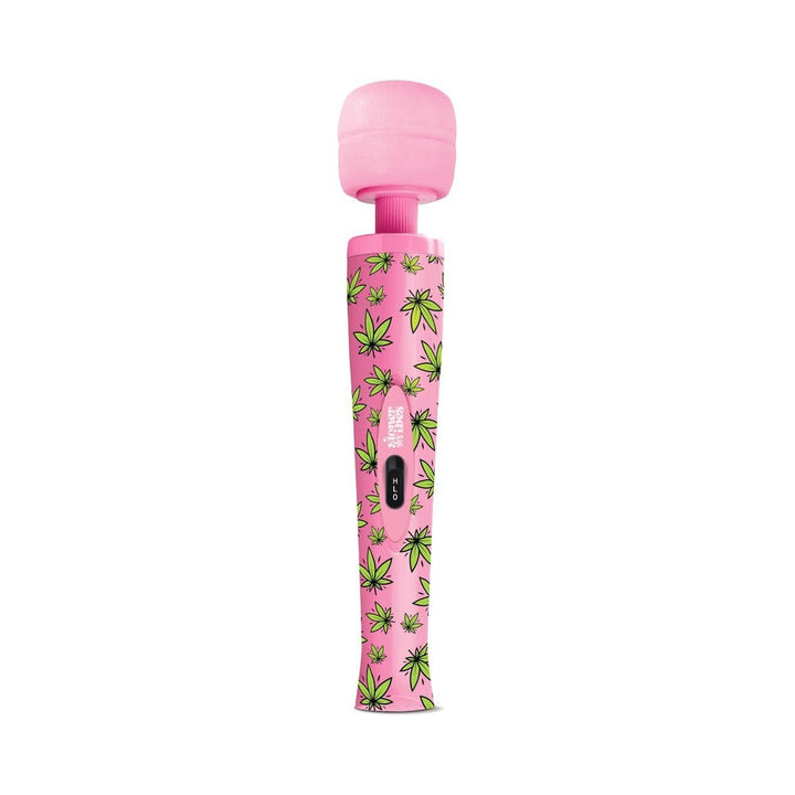 Pink wand massager with green cannabis leaf pattern and dual-speed rocker switch on handle.