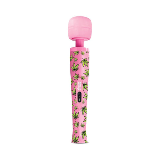 Pink wand massager with green cannabis leaf pattern and dual-speed rocker switch on handle.
