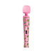 Pink wand massager with green cannabis leaf pattern and dual-speed rocker switch on handle.