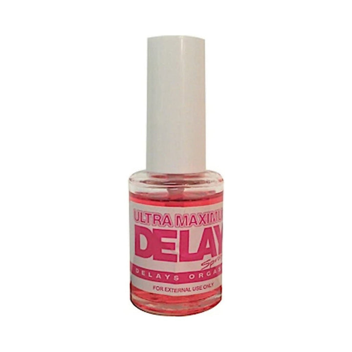 Small clear bottle of Stop Ultra Maximum Delay Spray with white cap and pink label on white background