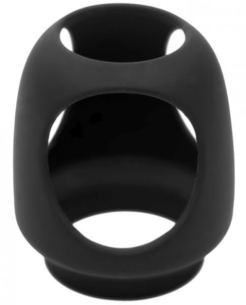 Black silicone strap cap harness with multiple openings designed to fit standard wand massagers and attach dildos.