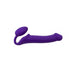Purple bendable strapless silicone strap-on with ergonomic design for dual stimulation and comfort.