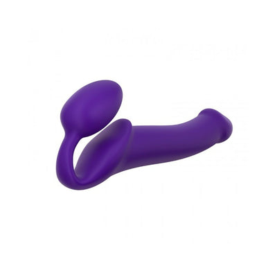 Purple bendable strapless silicone strap-on designed for dual G-spot and clitoral stimulation with ergonomic shape.