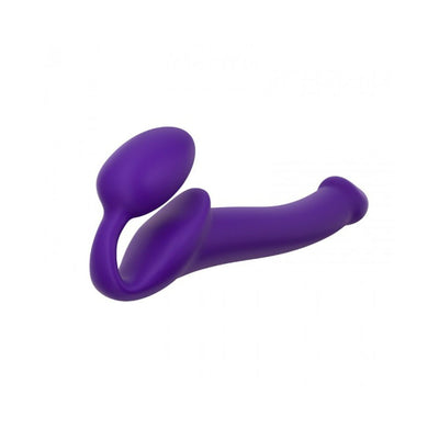 Purple bendable strapless strap-on made of smooth silicone with ergonomic design for dual stimulation.