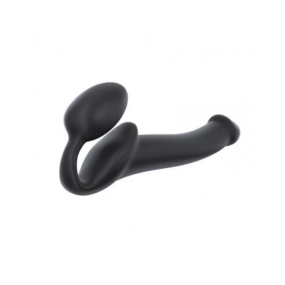 Black bendable strapless strap-on with ergonomic design and dual stimulation features made of smooth silicone.