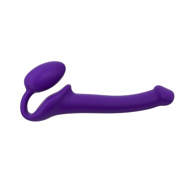 Purple bendable strapless silicone dildo with ergonomic design for dual stimulation and comfort.