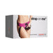 Packaging box showing a model wearing a pink leatherette strap-on harness with adjustable thigh straps.