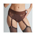 Close-up of a model wearing a chocolate brown lace lingerie harness with adjustable garter straps and sheer black stockings.