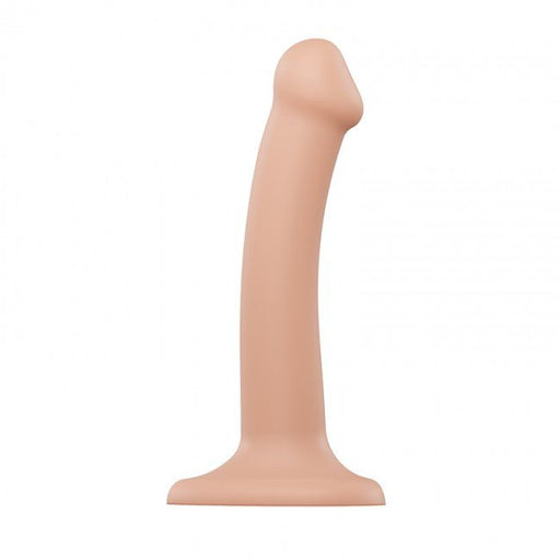 Small bendable dual density silicone dildo with suction cup base in natural skin tone