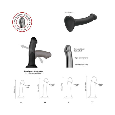 Diagram of Strap-on-me Dual Density Bendable Dildo Small showing bendable feature, suction cup base, and layered silicone construction.