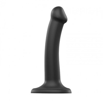 Small black bendable silicone dildo with suction cup base and ergonomic curved design.