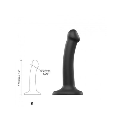 Small black bendable silicone dildo with suction cup base, 17 cm length and 2.7 cm diameter, ergonomic curved design.
