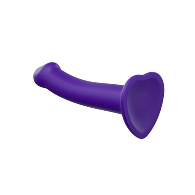 Small purple bendable silicone dildo with heart-shaped suction cup base for hands-free use.